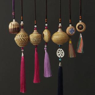 竹藤编织流苏挂件创意中式旗袍玉石腰挂古装配饰汉服竹包挂饰