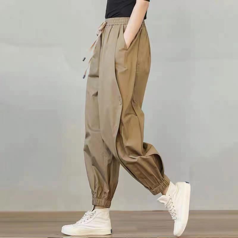 工装裤女夏季薄款2025年新款高腰显瘦束脚九分休闲卡其色哈伦裤子