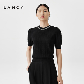 LANCY/朗姿2024春夏灯笼袖亮钻修身打底女短法式短袖针织衫上衣