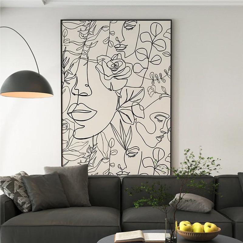 轮廓 现代黑白抽象人物装饰画简约植物花卉挂画餐厅玄关线条壁画图片