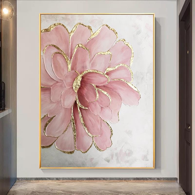 手绘油画金箔粉色花卉玄关装饰画现代轻奢客厅背景墙大幅餐厅挂画图片