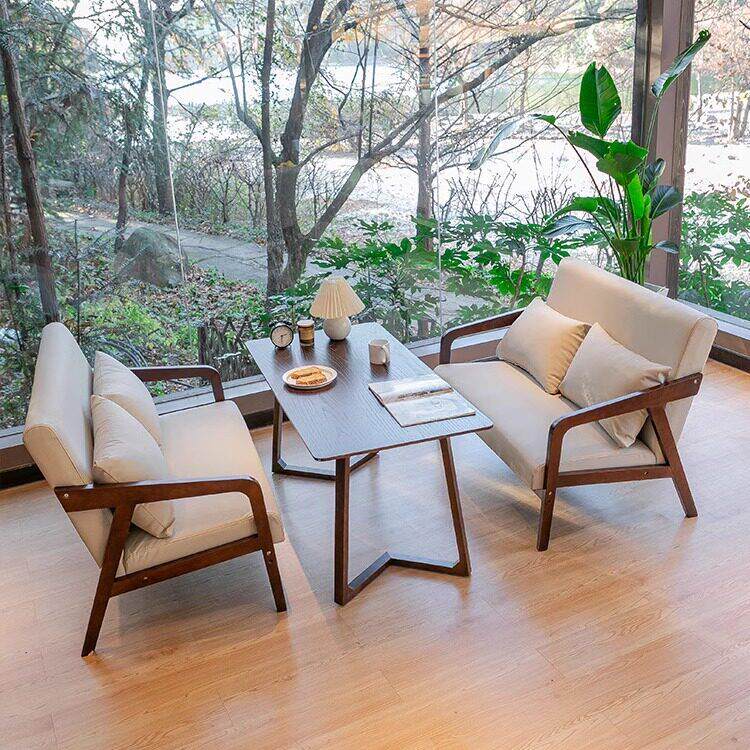 覆古咖啡厅接待洽谈简约实木猫爪皮桌椅组合奶茶休闲商务饭厅沙发