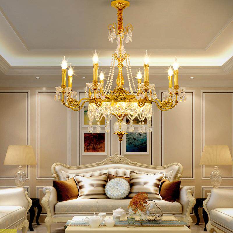 欧式全铜水晶吊灯别墅客厅灯简欧温馨餐厅灯大气楼梯家用卧室灯具