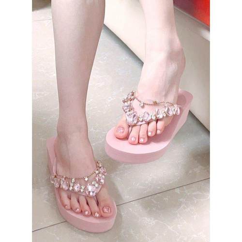 水钻厚底人字拖鞋女夏季外穿增高坡跟海边沙滩防滑防臭夹脚黑凉拖