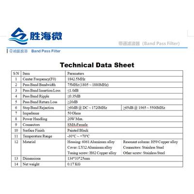 中心频率1842.5MHz 1805-1880MHz 带宽75MHz 20W同轴带通滤波器