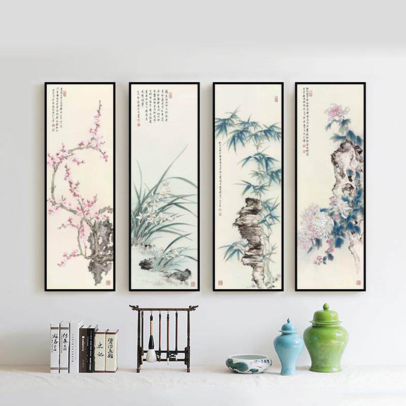 厂家直销梅字兰中式挂菊画客厅新中式竹装饰画茶室四AXL-354联画