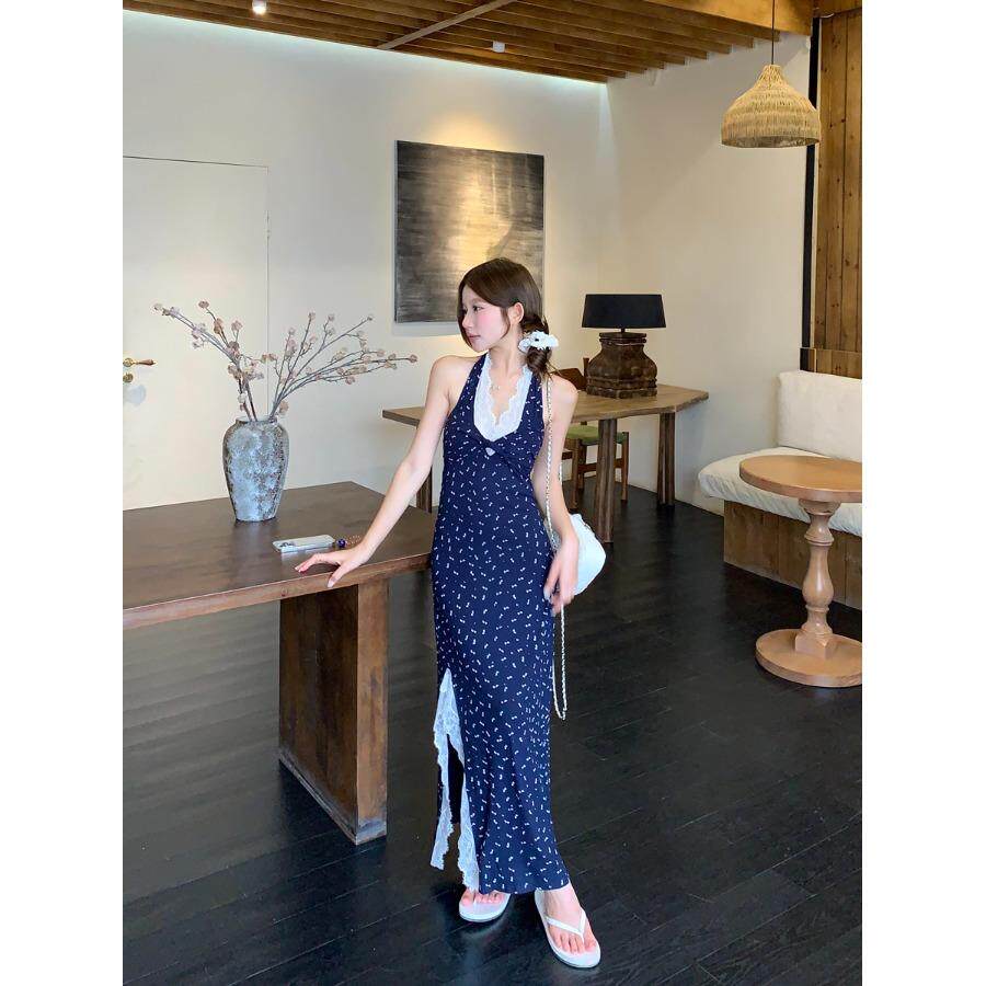 PPHOME蓝色蕾丝碎花挂颈洋装女夏季辣妹开叉吊带裙海边度假长裙