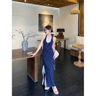 PPHOME蓝色蕾丝碎花挂颈洋装女夏季辣妹开叉吊带裙海边度假长裙