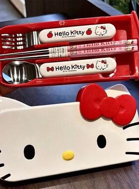 哈喽kt筷子勺子套装一人用餐具收纳盒学生便携式不锈钢筷勺三件套