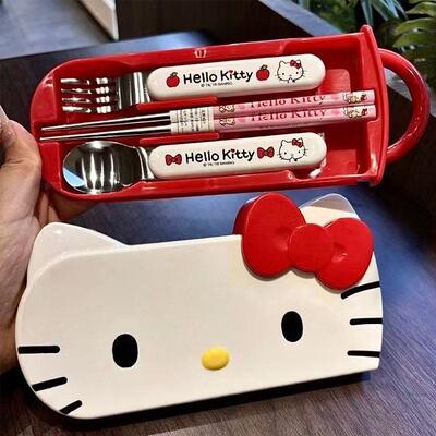 哈喽kt筷子勺子套装一人用餐具收纳盒学生便携式不锈钢筷勺三件套