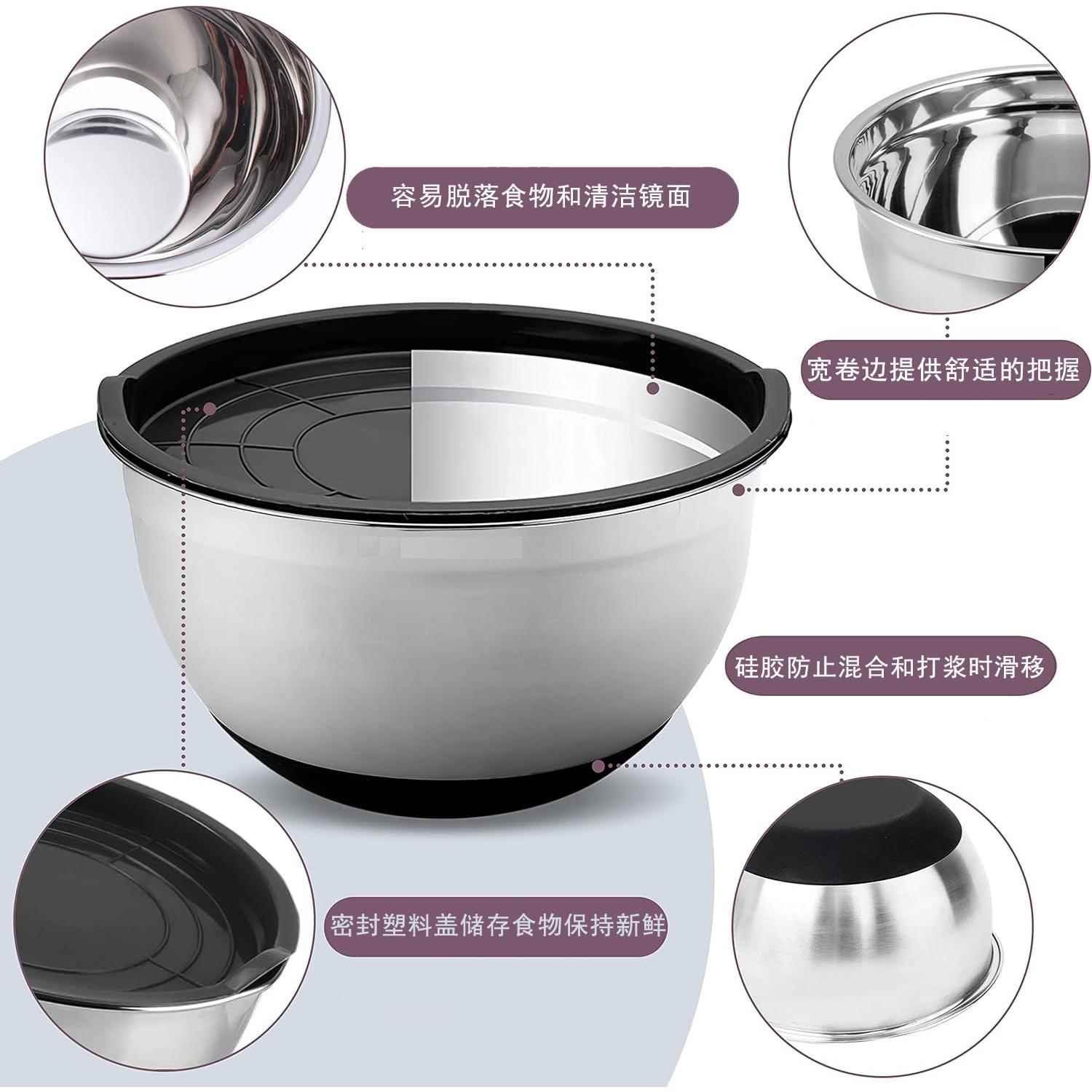 跨境欧式304硅胶搅拌碗 烘焙带刻度料理盆 不锈钢家用沙拉碗套装