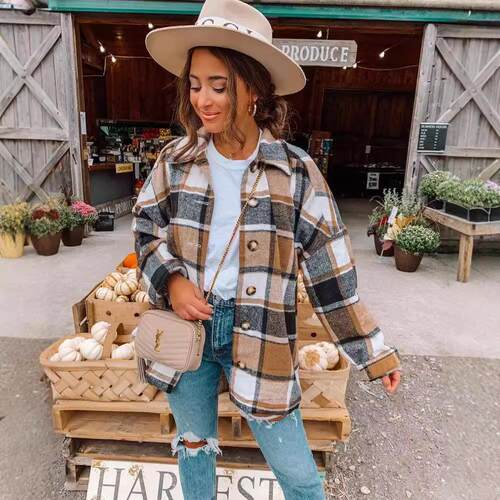 Long sleeved collared women's checkered shirt mid length