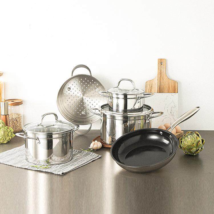 跨境货源不锈钢五件套套锅五层复底汤锅奶锅组合厨房烹饪锅具套装