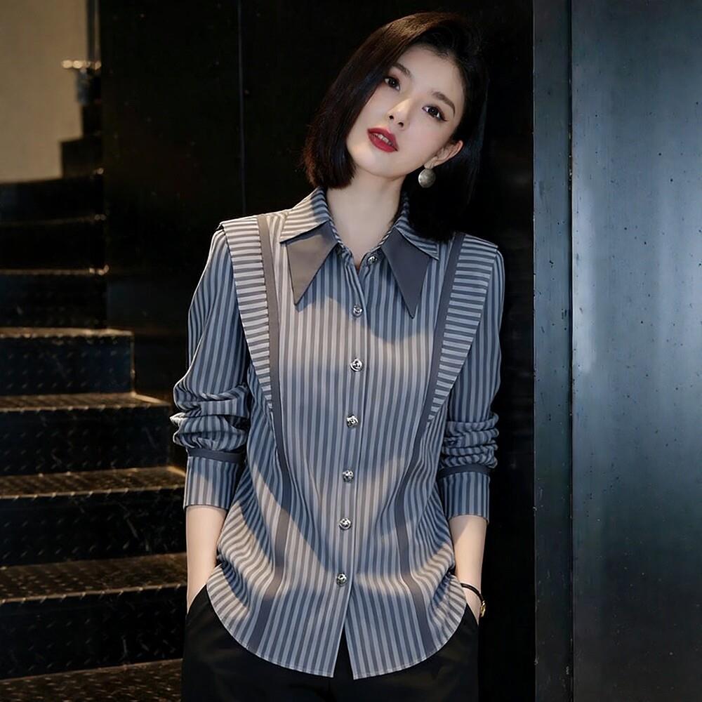 条纹翻领衬衫女2026春季新款高级感洋气减龄修身显瘦内搭衬衣上衣