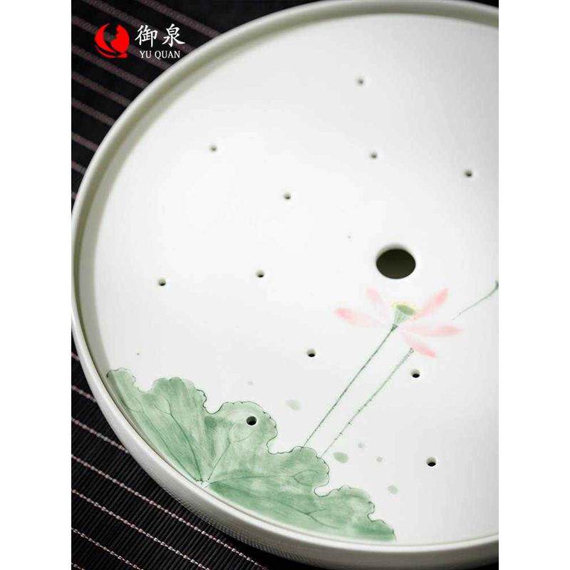 3ZBY批发御泉手绘陶瓷茶盘圆形储水式家用功夫茶具小型干泡茶台茶