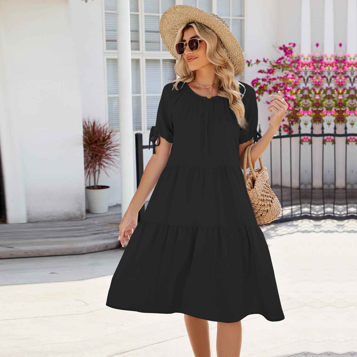 women for dress sleeve short stitching neck round color
