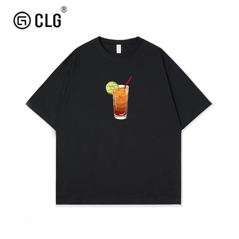 香港CLG潮牌新款夏季港风圆领百搭短袖男饮料印花宽松大尺码五分T