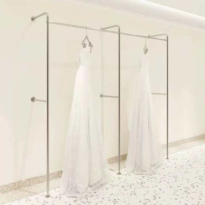 婚纱店上墙落地展示架陈列架加厚不锈钢拉丝银影楼礼服挂衣架货架