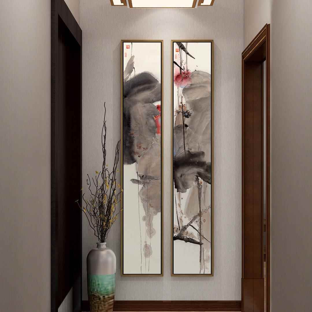 网红广也画新中式水墨荷花挂画画条禅意四屏客画厅装饰画室茶墙面图片