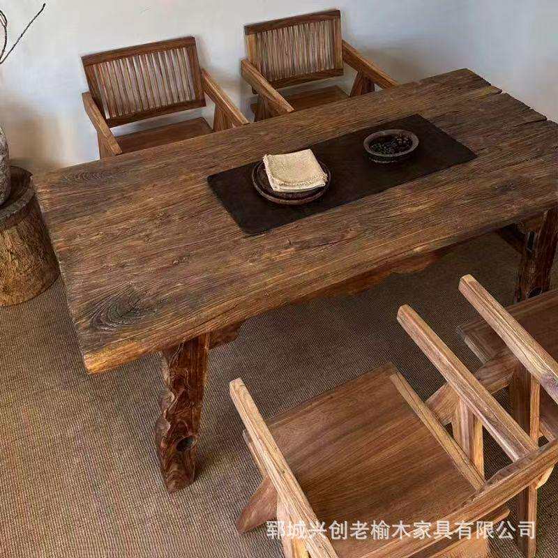 老榆木茶桌复古民宿中式餐桌椅组合风化老门板原木茶桌茶台