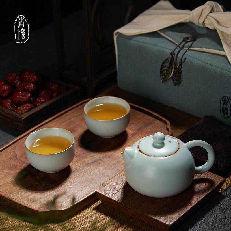 汝窑旅行茶具套组一壶二杯手工泡茶壶可携式简约景德镇陶瓷礼品中