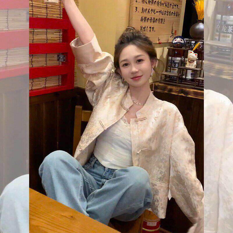 潮牌新中式国风薄外套女装新款春季唐装小个子短款高端宋锦外套