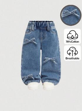 Baby Girls Clothing 可爱蝴蝶结装饰蓝色牛仔阔腿裤女童秋装