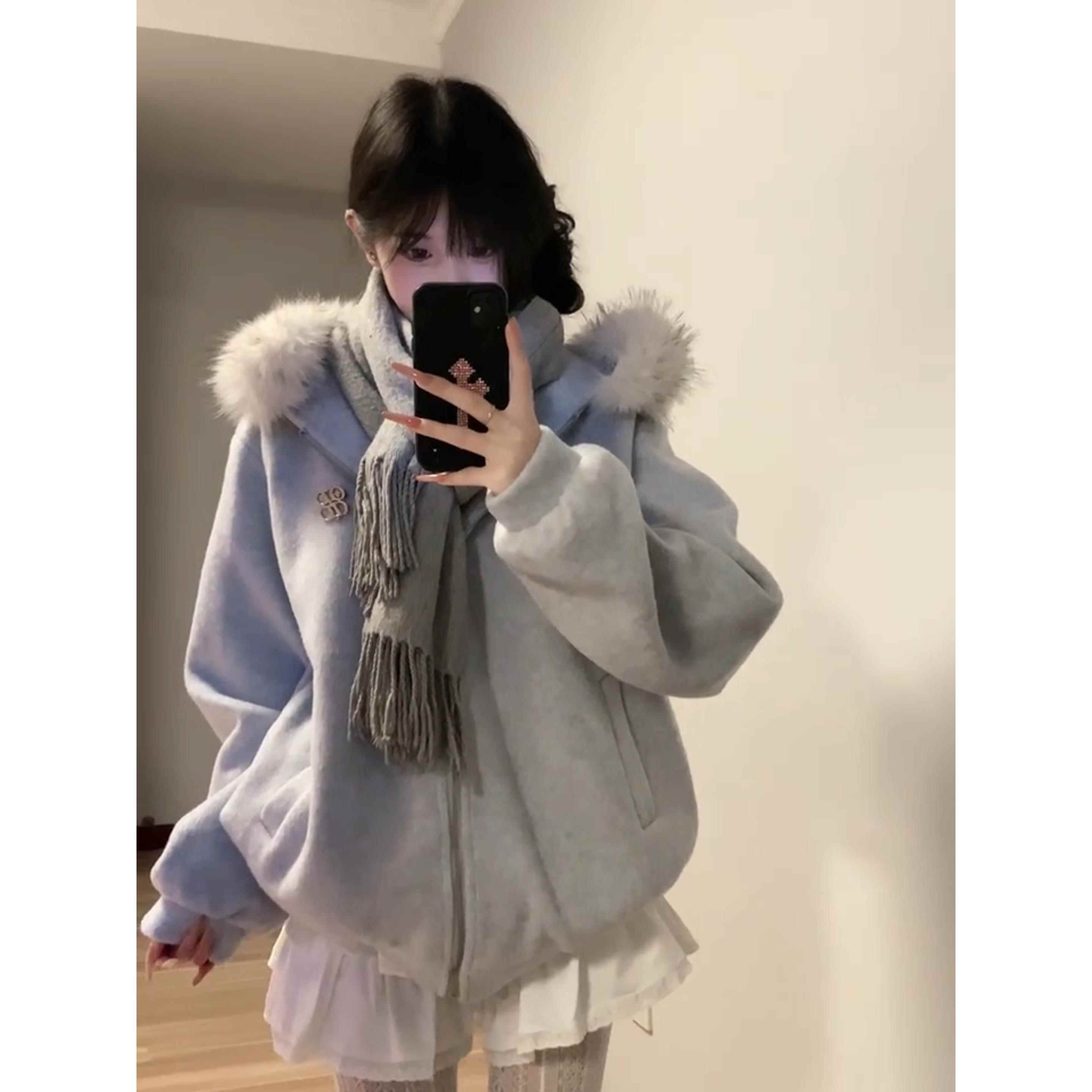 甜美大毛领连帽毛呢卫衣外套女秋冬季2025新款高级感宽松呢子大衣