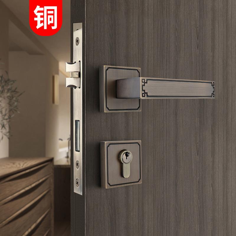 新中式古铜室内卧室房门锁磁吸静音分体门把手金色房间木门锁通用