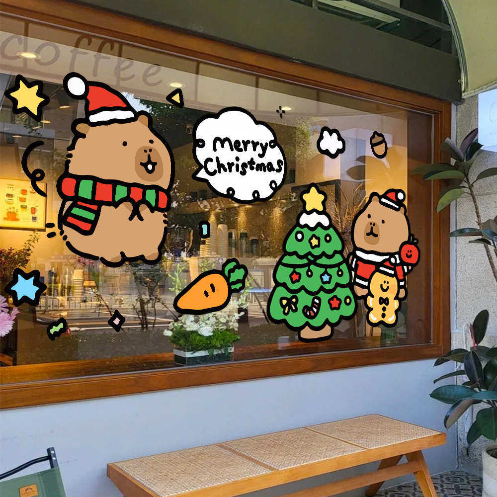 2026新年圣诞节装饰店铺玻璃门贴纸新年静电窗花卡皮巴拉装饰贴画,家居饰品,软装墙贴,淘宝优惠券,粉丝福利购,淘宝优惠卷
