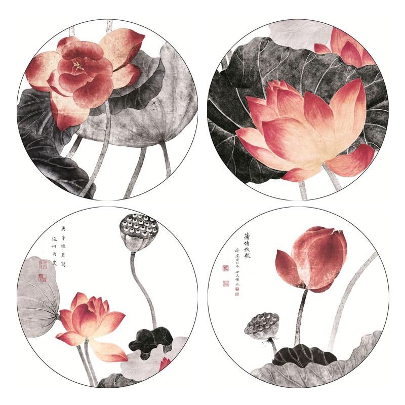 圆形新中式禅意荷花水墨油画布装饰画画芯客厅卧室沙发背景墙壁画图片
