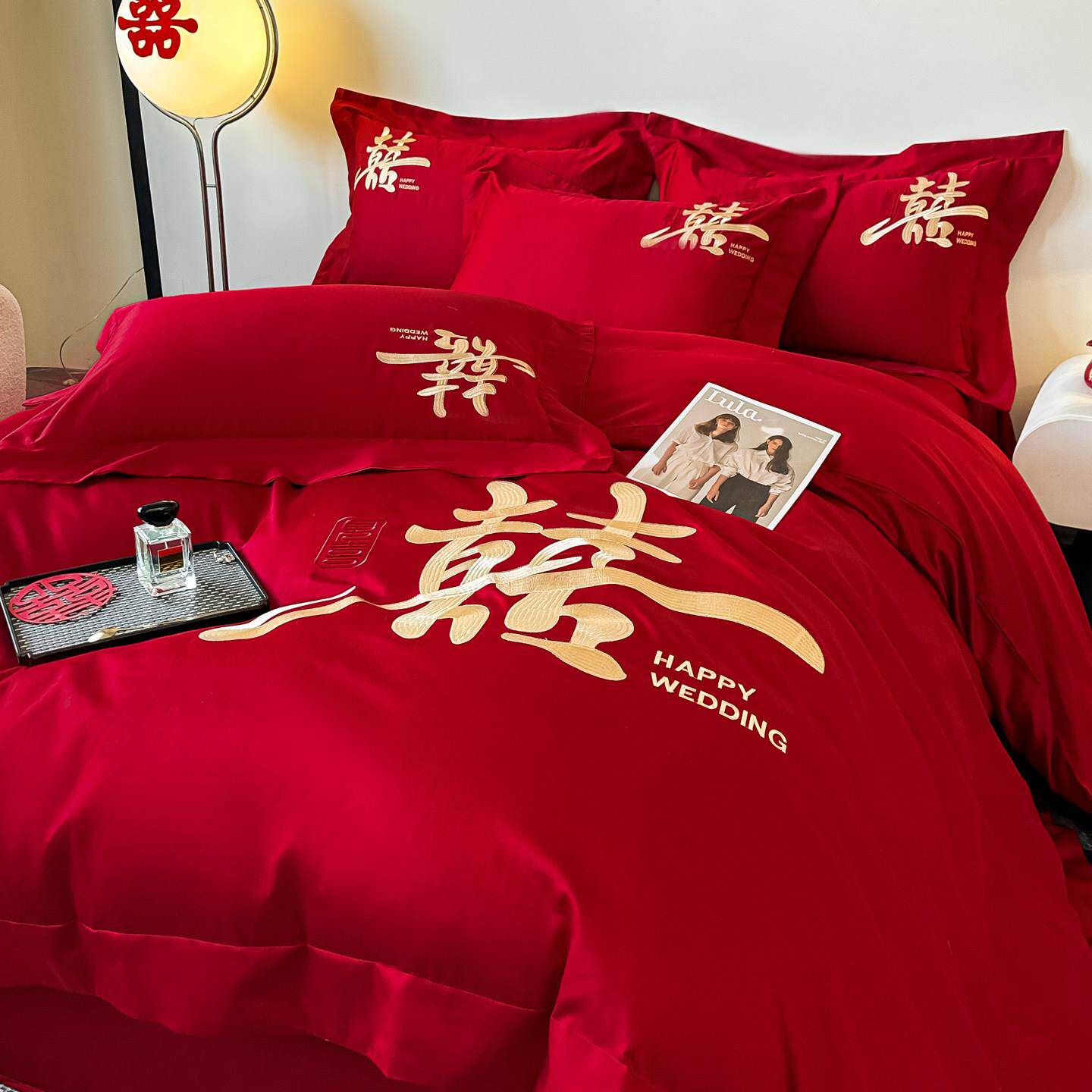 套中式婚浪漫新婚大囍刺绣8126四件高婚庆红色被套结房陪嫁床上档