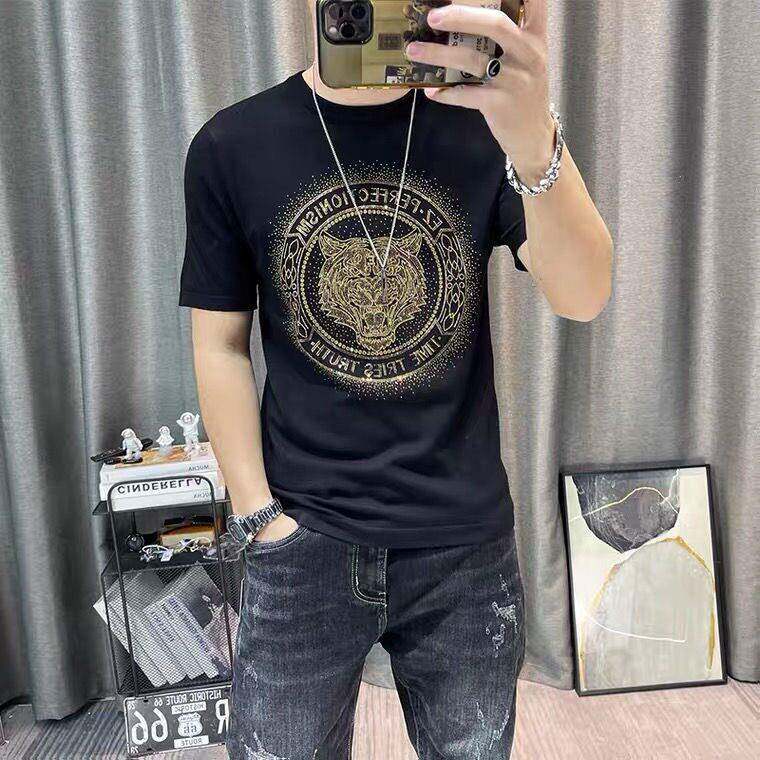 Trend Mr潮牌韩版重工烫钻老虎头印花T恤男士夏季新款丝光棉短袖