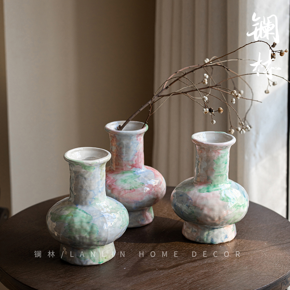景德镇镧林禅意复古小花瓶新中式侘寂风小清新彩虹陶瓷花器如梦令