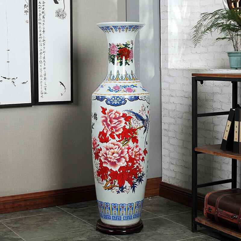 高档景德镇陶开瓷器中式手粉件彩落地大花瓶摆客厅插花特大号绘业