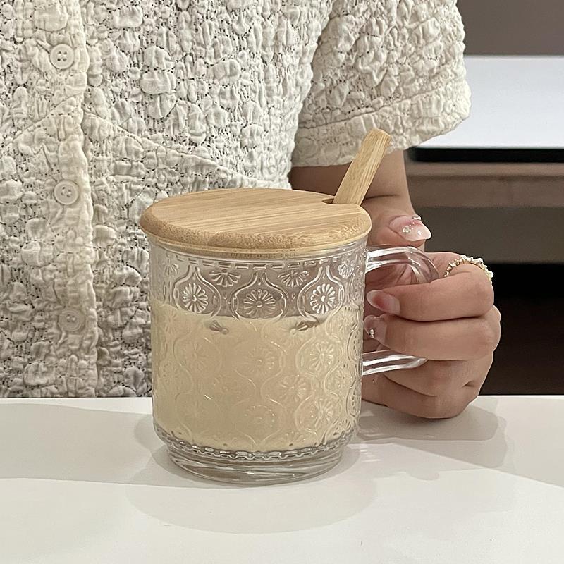 小众ins风复古浮雕玻璃带把马克杯冰美式咖啡杯拿铁杯早餐牛奶杯