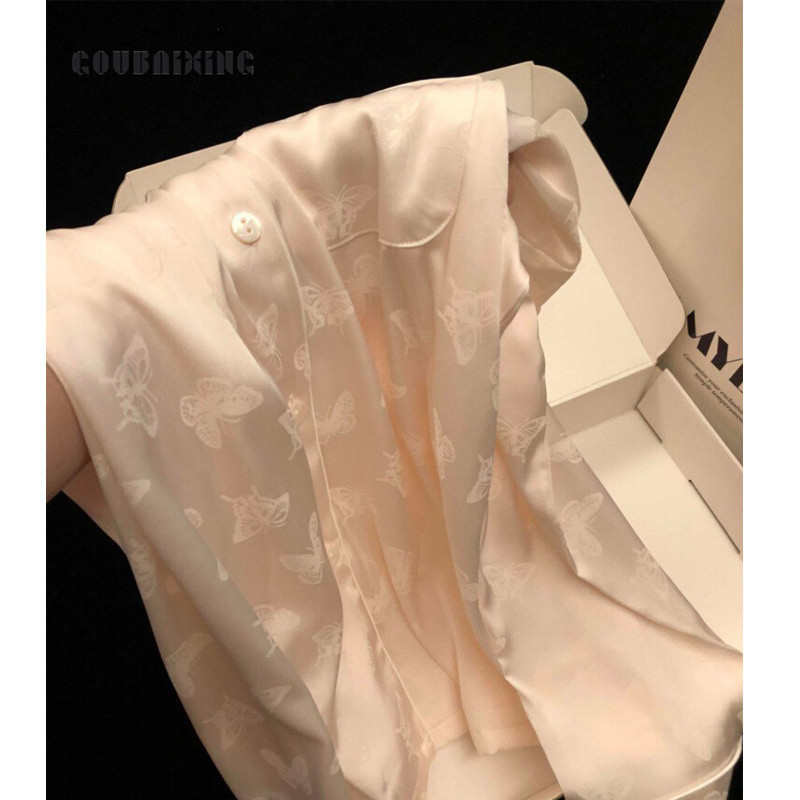 蝴蝶印花冰丝粉色睡衣女春秋2025新款设计缎面长袖家居服两件套装