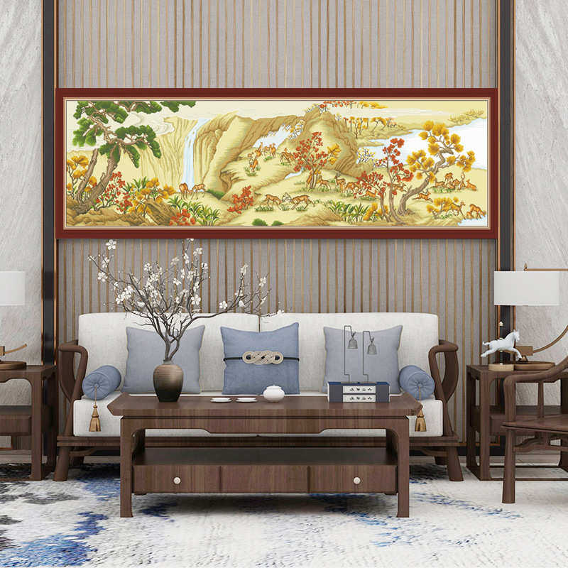 百鹿图十字绣2024新款大副客厅沙发玄关风景图现代简约风格手工绣