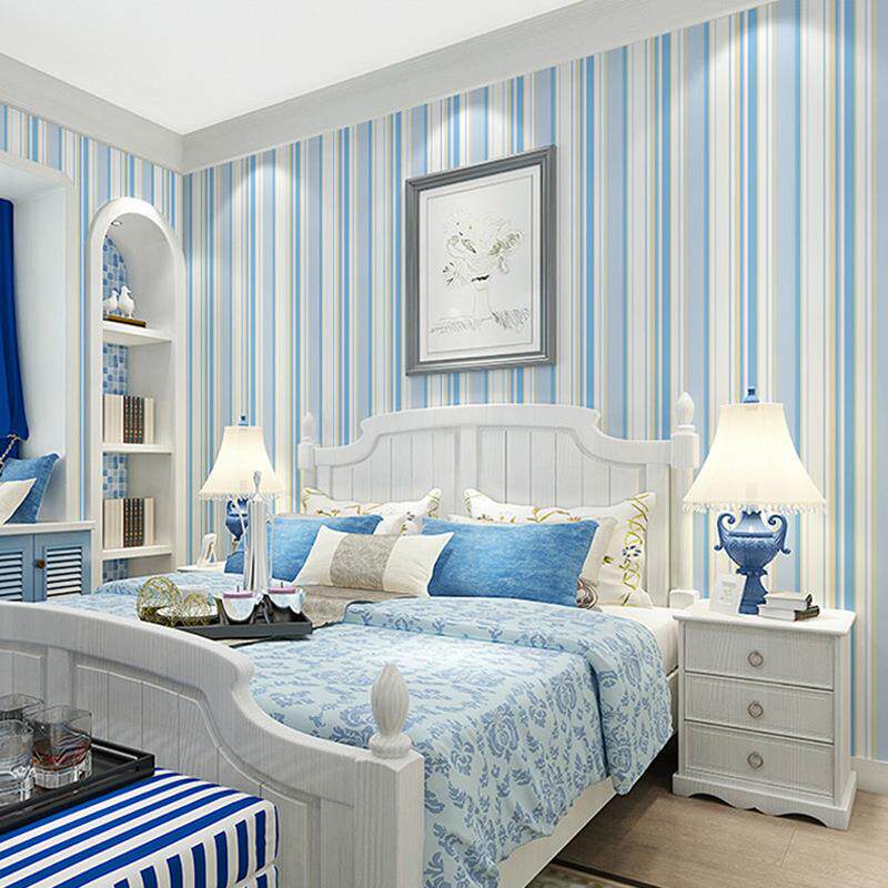 蓝色壁纸地中海风格无纺布客厅卧室蓝白竖条纹儿童房男孩背景墙纸