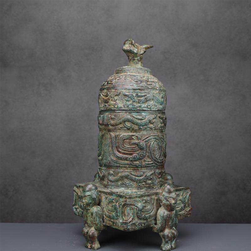 仿古青铜器四人抬 古董古玩仿古纯铜加厚青铜摆件文玩居家