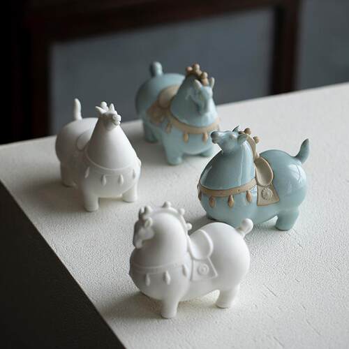 汝窑唐马茶宠摆件创意马年生肖吉祥物精品个性茶玩茶室茶桌装饰品