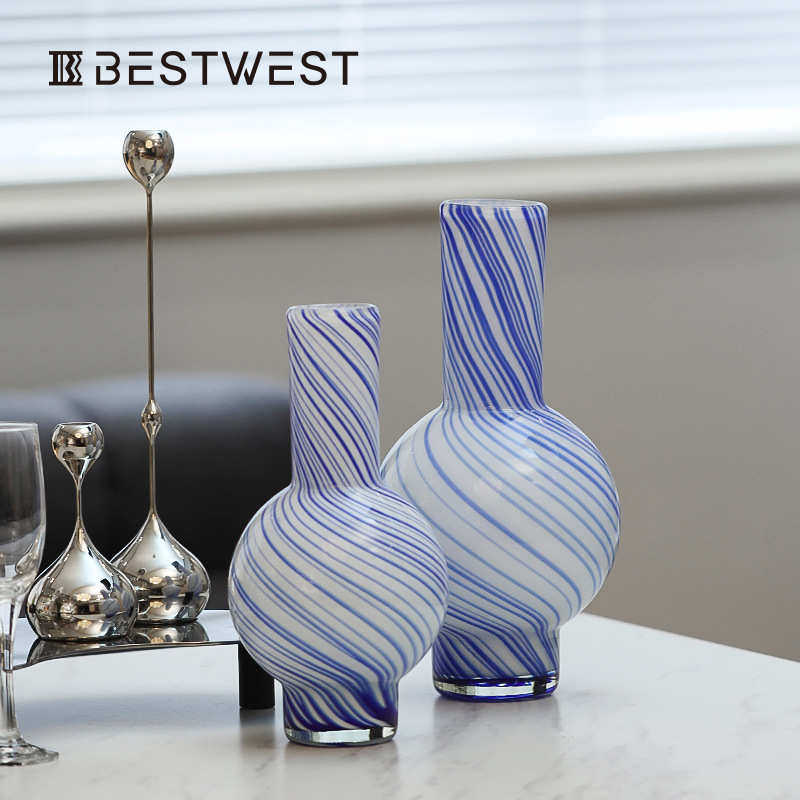 摆件 装饰博花条纹蓝色西家居装器水培软葫芦家居玻璃样板间花瓶,家居饰品,花瓶,淘宝优惠券,粉丝福利购,淘宝优惠卷