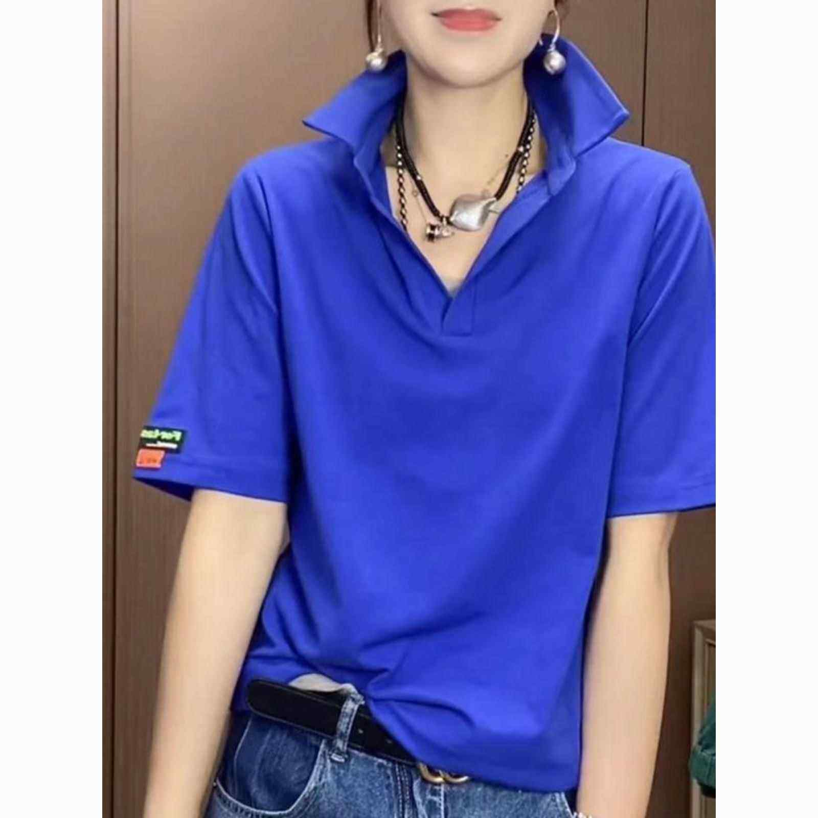 潮牌POLO领克莱因蓝短袖T恤女2025夏季新款宽松显瘦减龄纯棉上衣