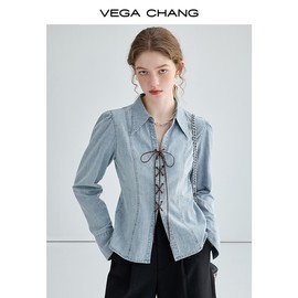 vegachang牛仔衬衫女设计感小众交叉绑带，辣妹风港风上衣秋装时尚