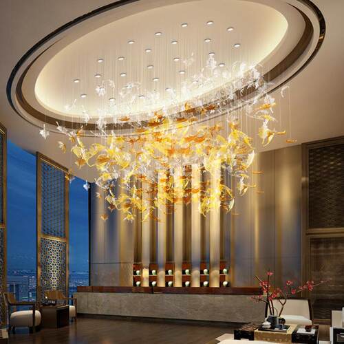 制作非标工程酒店大堂售楼部沙盘水晶枫叶扭叶楼梯大型吊灯创意