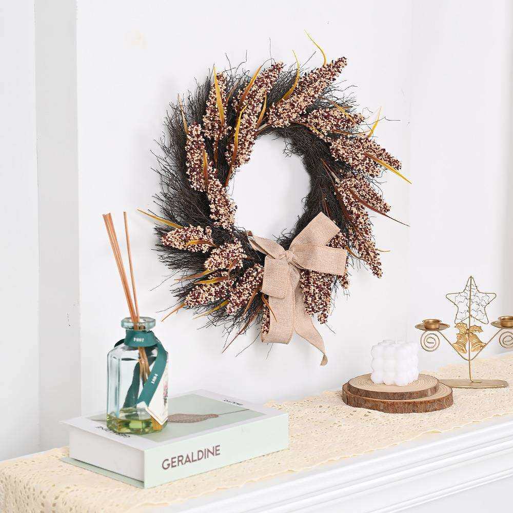 跨境新款万圣节麦穗蝴蝶结花环 丰收节藤圈花环家居装饰壁挂门饰