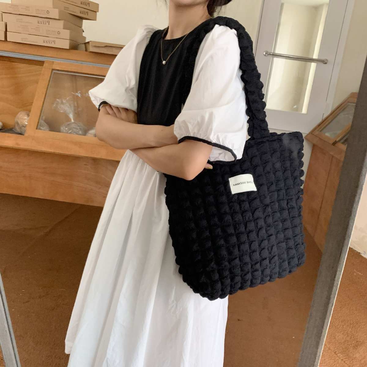 2755日系洋气云朵泡泡花朵单肩包女学生简约手提包帆布大容量女包