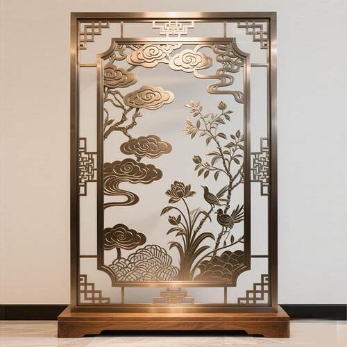 艺术不锈钢屏风隔断中式荷花翠鸟浮雕图案客厅卧室立式玄关
