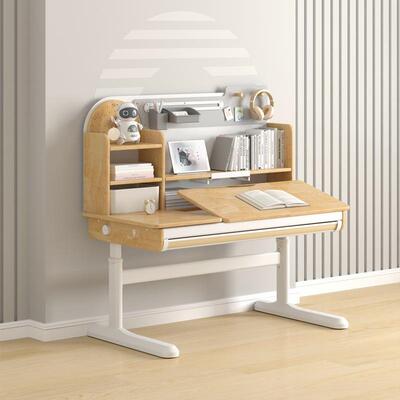 全实木儿童学习桌简约中小学生升降写字桌椅家用书桌书架套装一体