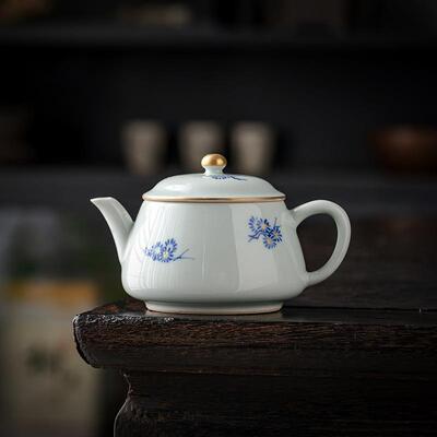 仿古泥釉下手绘青花松针釉上本金描绘文人茶器大口壶陶瓷泡茶壶